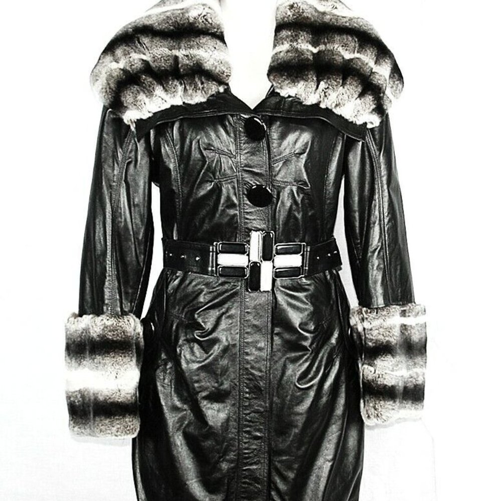 100% BLACK NAPPA LEATHER JACKET REX RABBIT CHINCHILLA COLOR EU SIZE 46 NEW #104